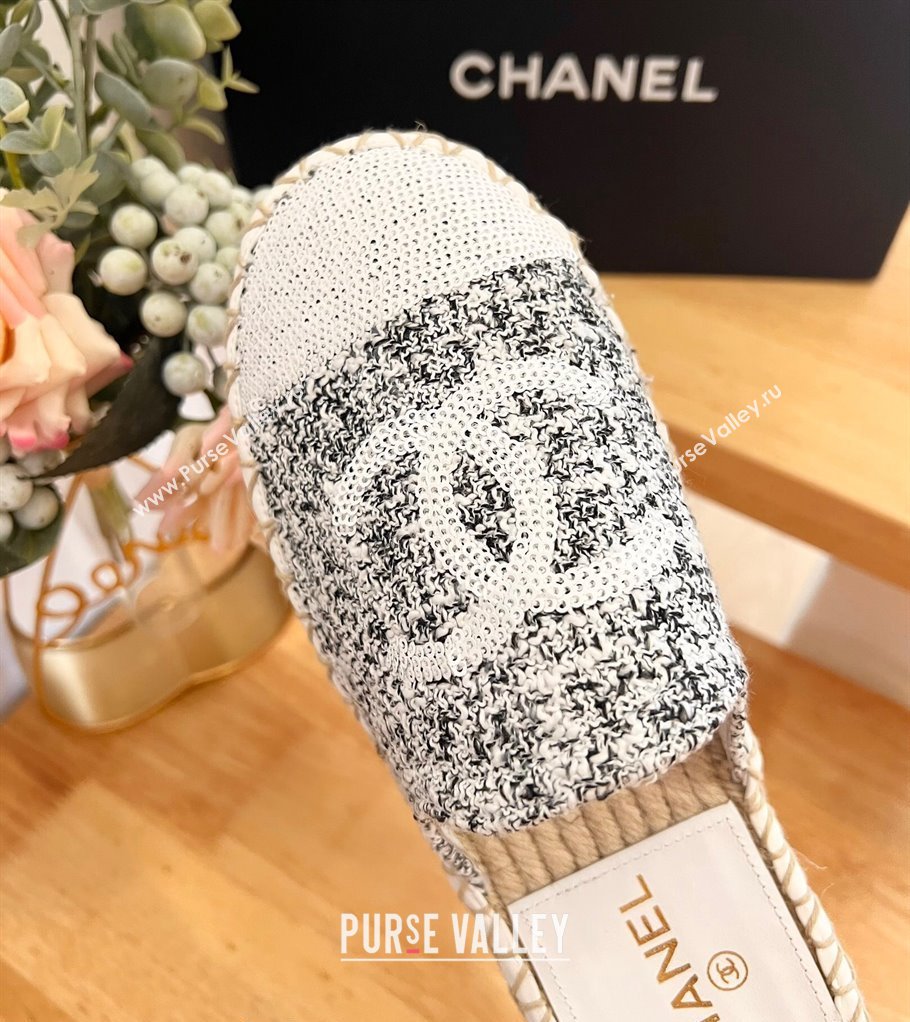 Chanel Tweed Sequins Espadrilles Flat Mules G45602 White/Black 2024 (HB-240424198)