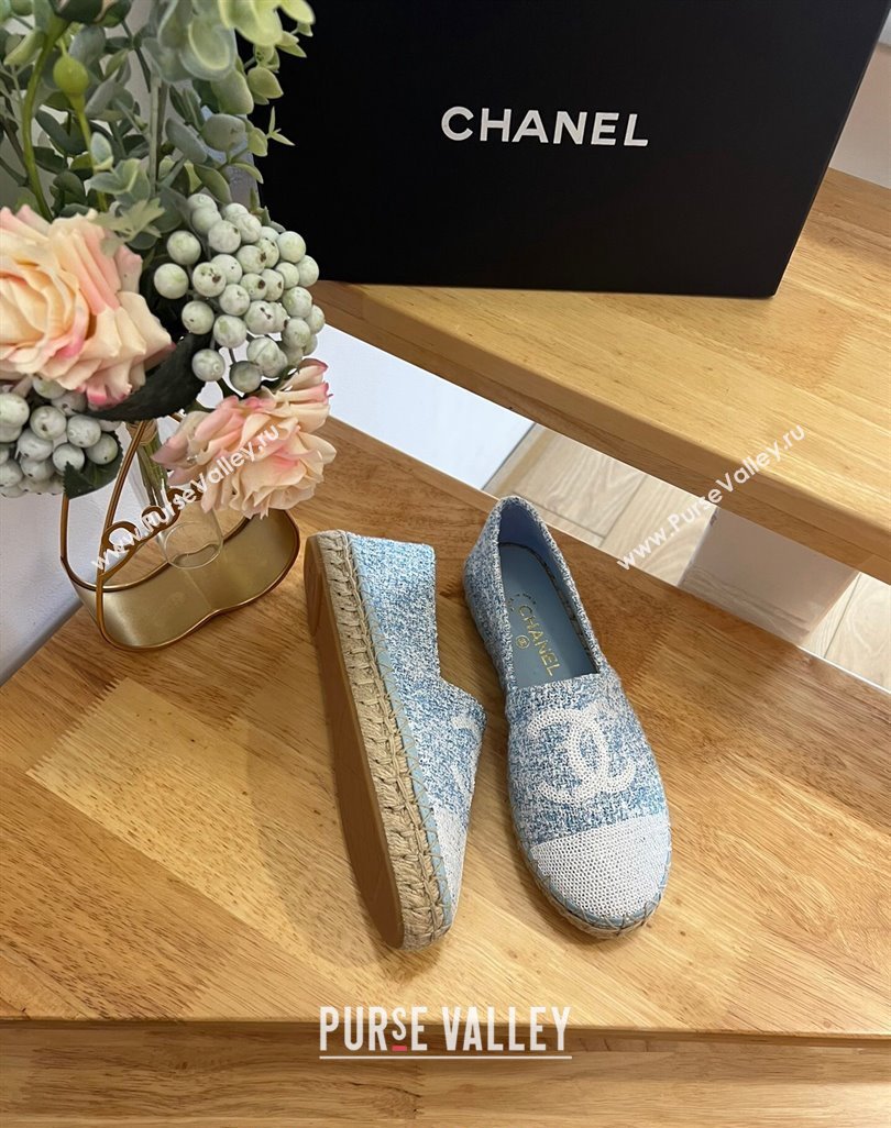 Chanel Tweed Sequins Espadrilles Flats G45602 Light Blue 2024 (HB-240424199)