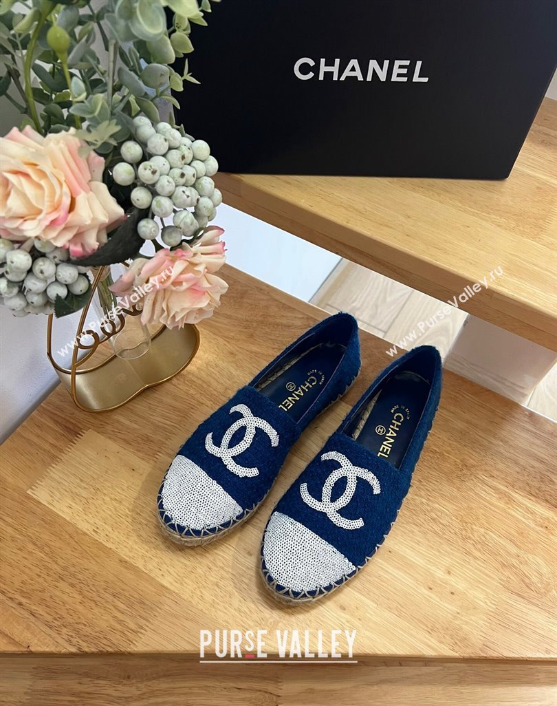 Chanel Tweed Sequins Espadrilles Flats G45602 Dark Blue 2024 (HB-240424200)