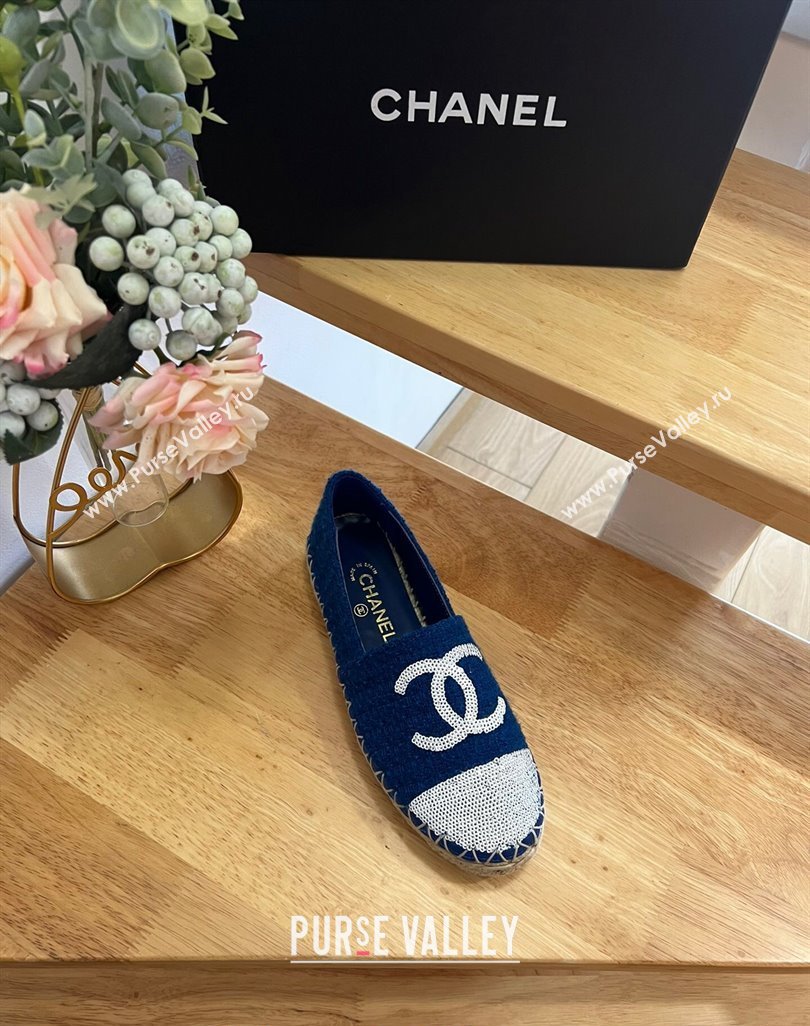 Chanel Tweed Sequins Espadrilles Flats G45602 Dark Blue 2024 (HB-240424200)