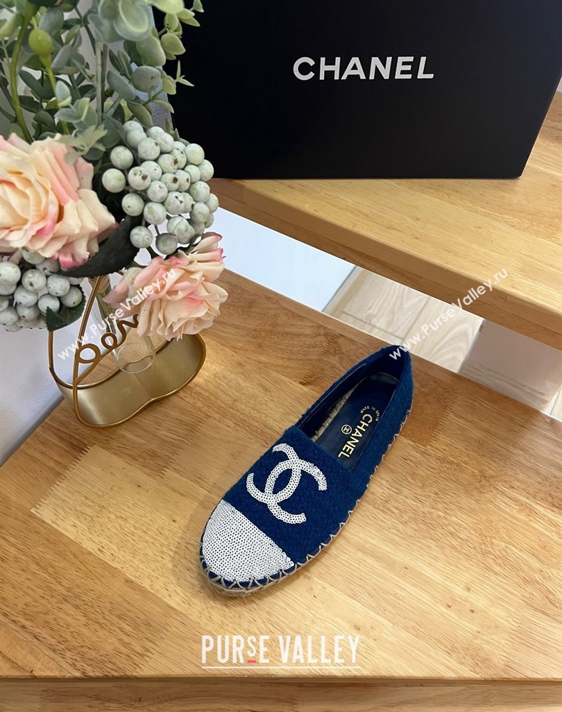 Chanel Tweed Sequins Espadrilles Flats G45602 Dark Blue 2024 (HB-240424200)