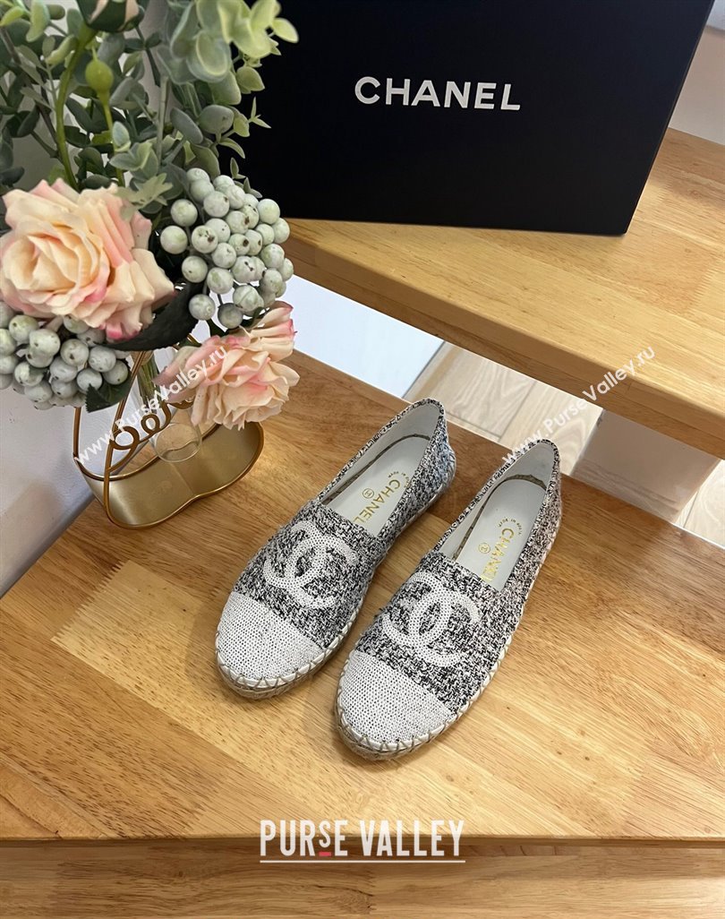 Chanel Tweed Sequins Espadrilles Flats G45602 Black/White 2024 (HB-240424201)