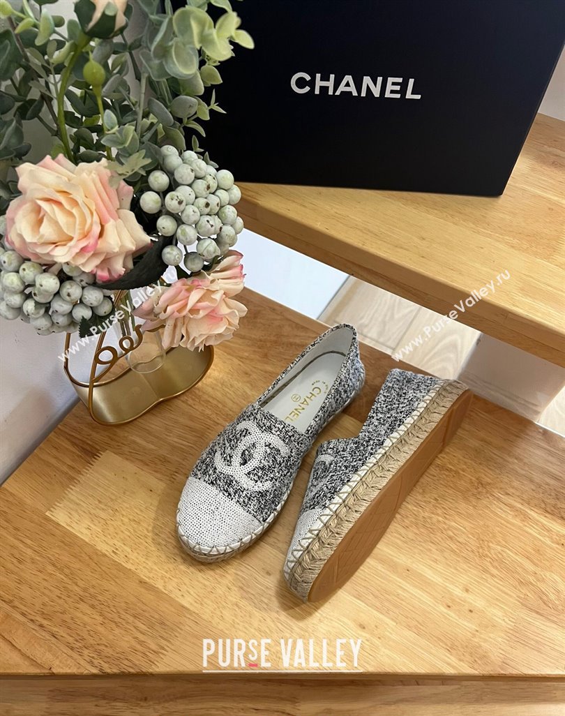 Chanel Tweed Sequins Espadrilles Flats G45602 Black/White 2024 (HB-240424201)
