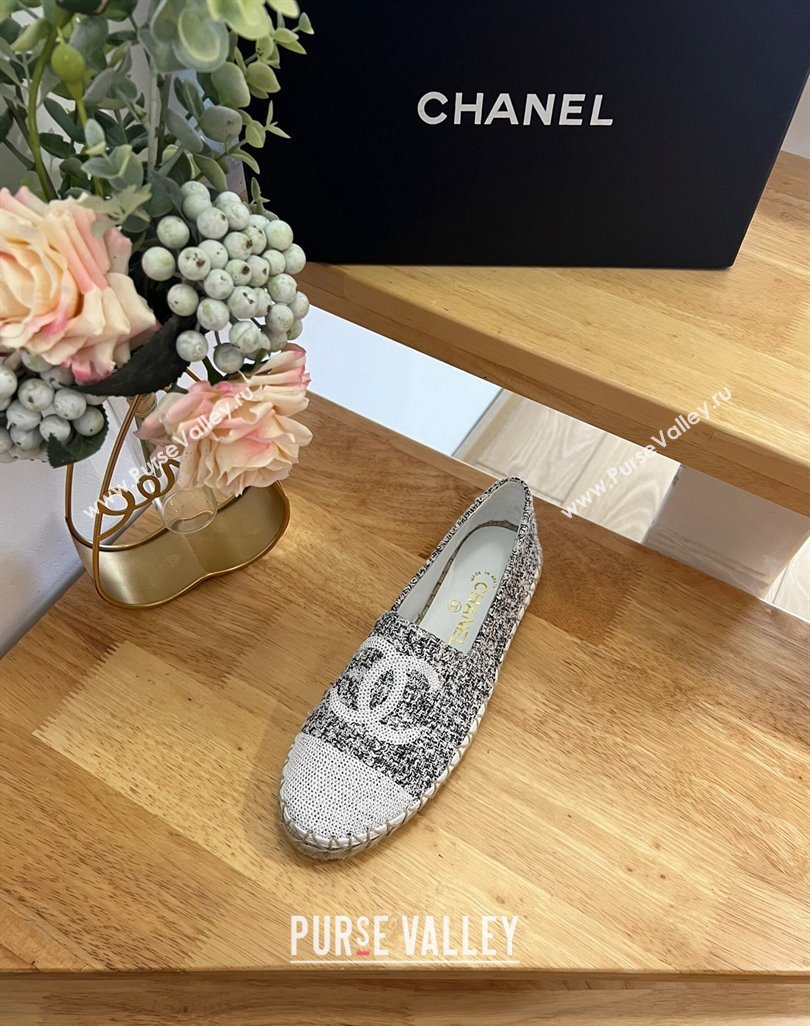 Chanel Tweed Sequins Espadrilles Flats G45602 Black/White 2024 (HB-240424201)