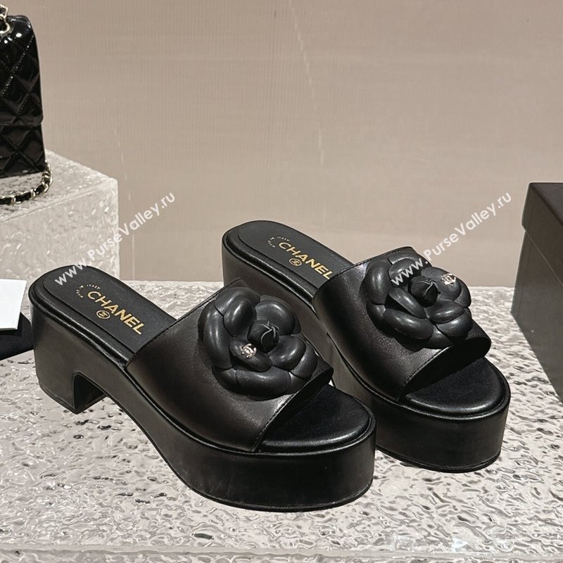 Chanel Camellia Bloom Lambskin Wedge Platform Slide Sandals 6.5cm Black 2024 0424 (MD-240424187)