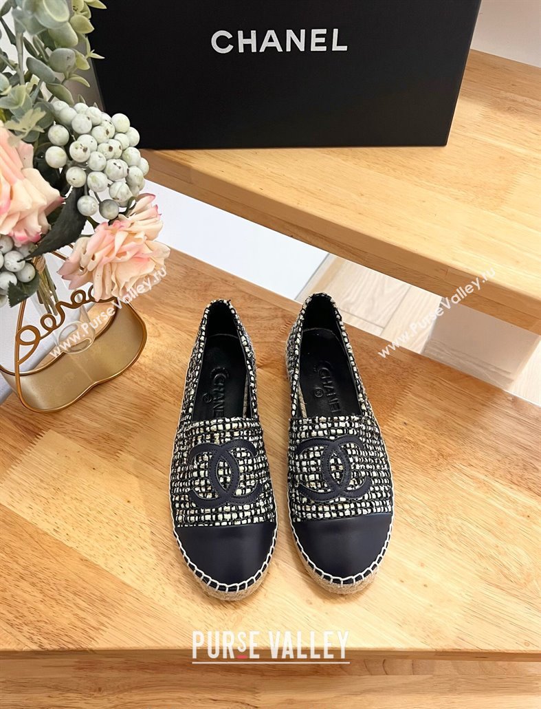 Chanel Tweed Lambskin Espadrilles Flats G29762 Dark Blue 2024 (HB-240424205)