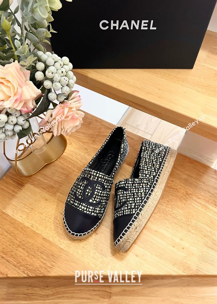 Chanel Tweed Lambskin Espadrilles Flats G29762 Dark Blue 2024 (HB-240424205)