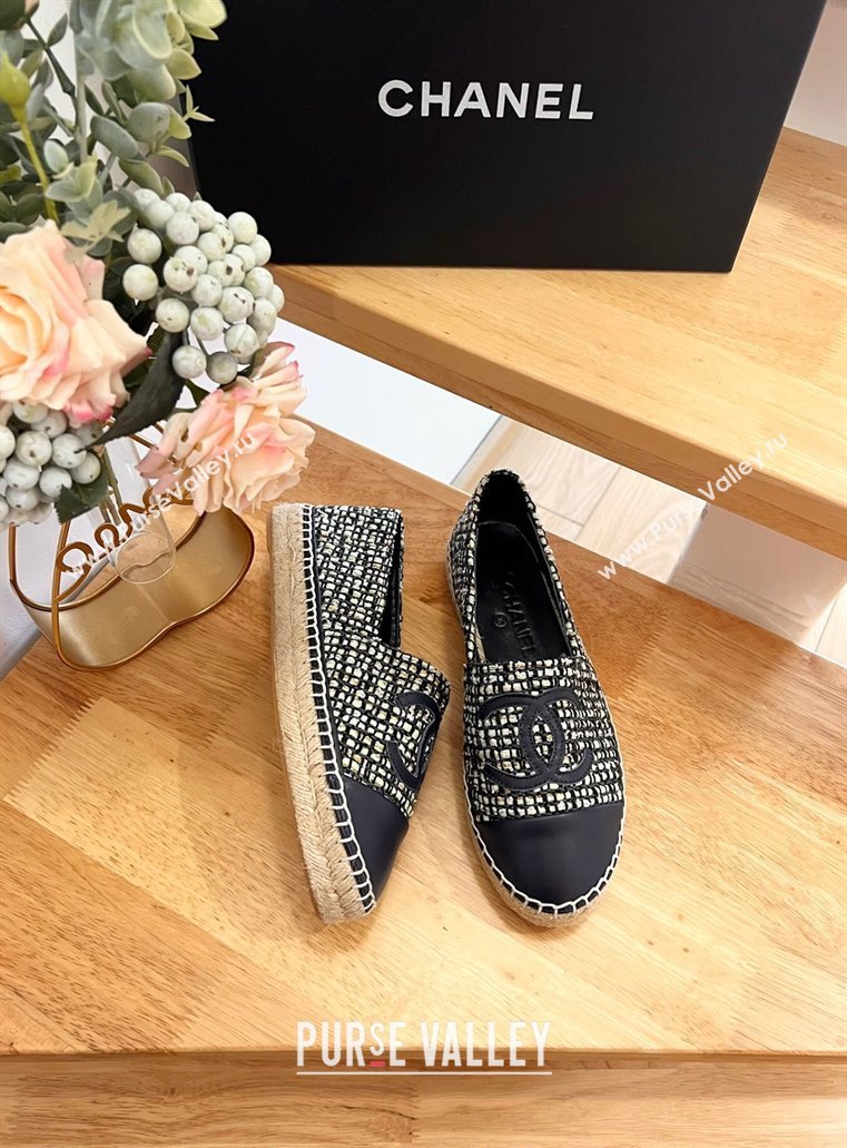 Chanel Tweed Lambskin Espadrilles Flats G29762 Dark Blue 2024 (HB-240424205)