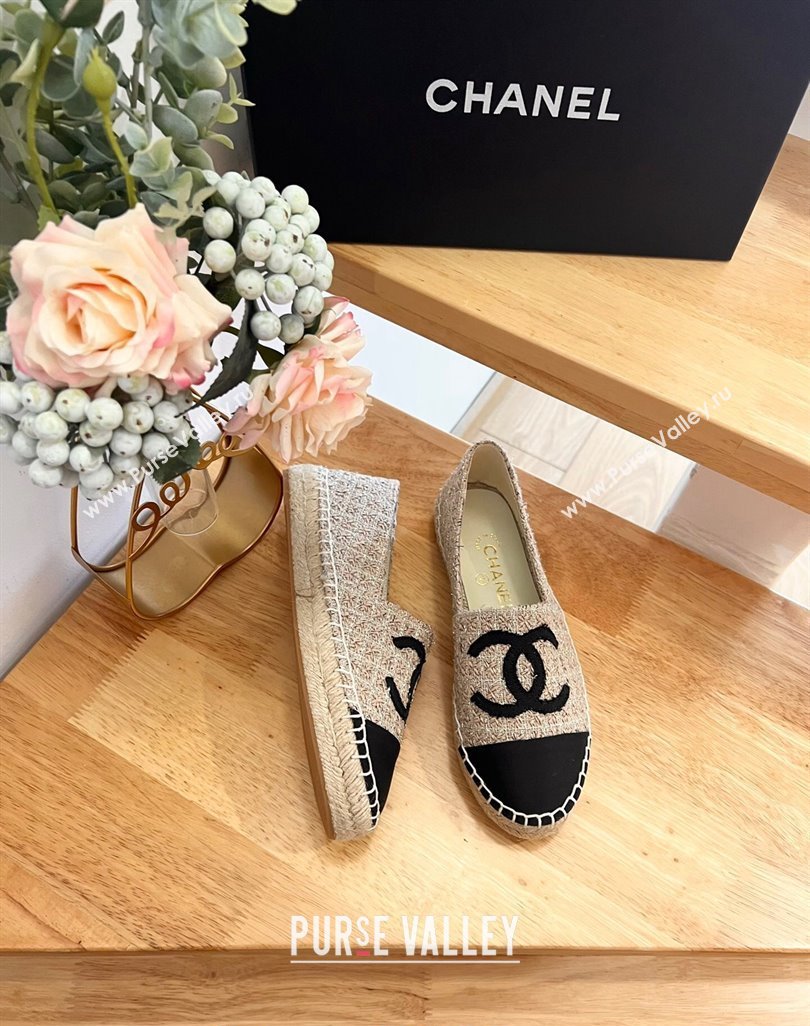 Chanel Tweed Grosgrain Espadrilles Flats G29762 Beige 2024 (HB-240424207)