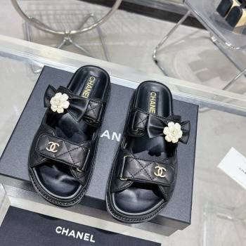 Chanel Calfskin Strap Flat Slide Sandals with Bow and Pearls Black 2024 (MD-240425046)