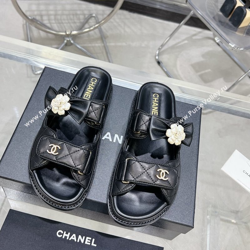 Chanel Calfskin Strap Flat Slide Sandals with Bow and Pearls Black 2024 (MD-240425046)