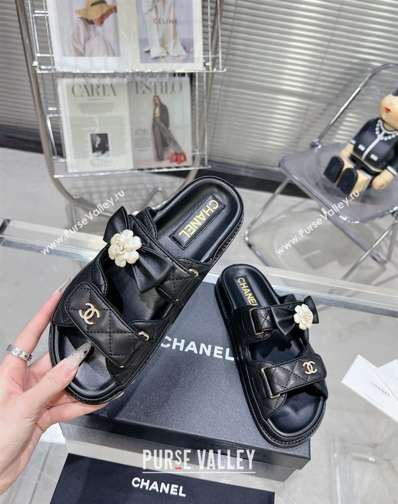 Chanel Calfskin Strap Flat Slide Sandals with Bow and Pearls Black 2024 (MD-240425046)