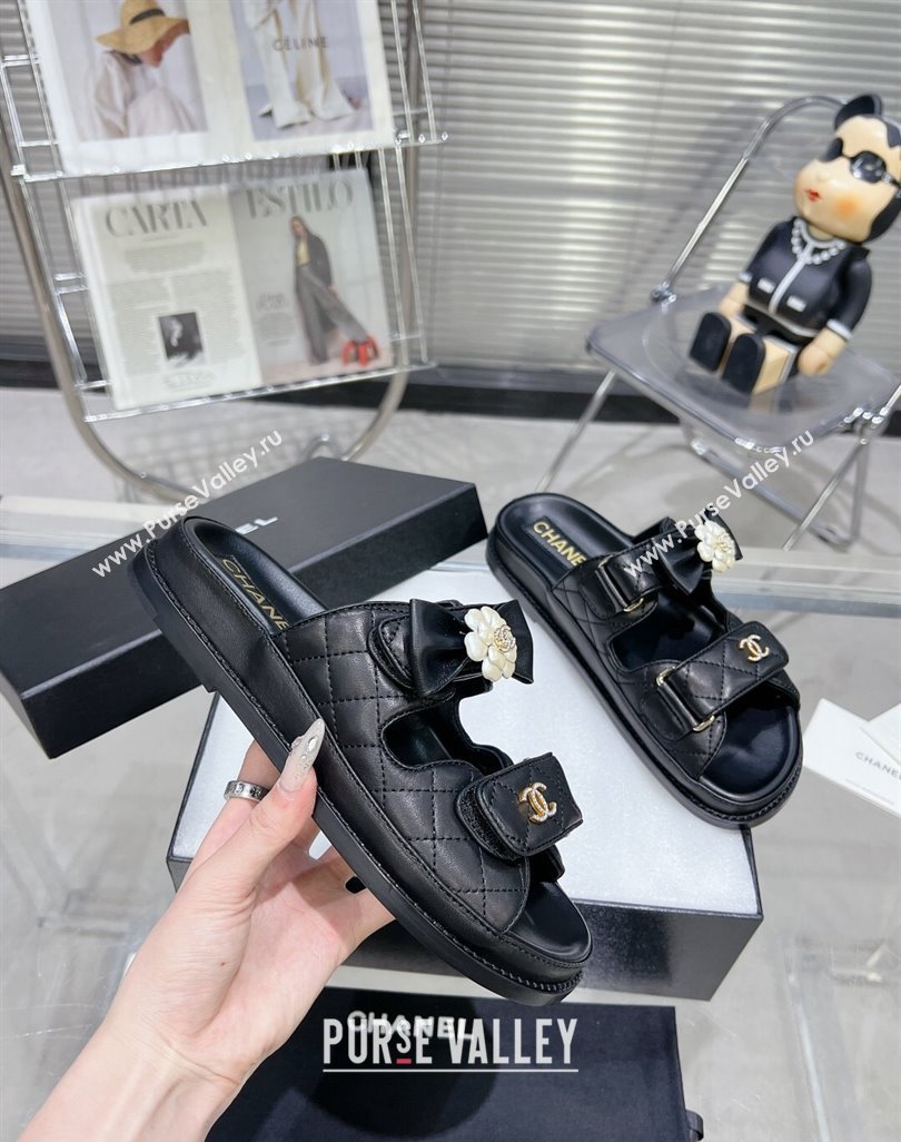 Chanel Calfskin Strap Flat Slide Sandals with Bow and Pearls Black 2024 (MD-240425046)