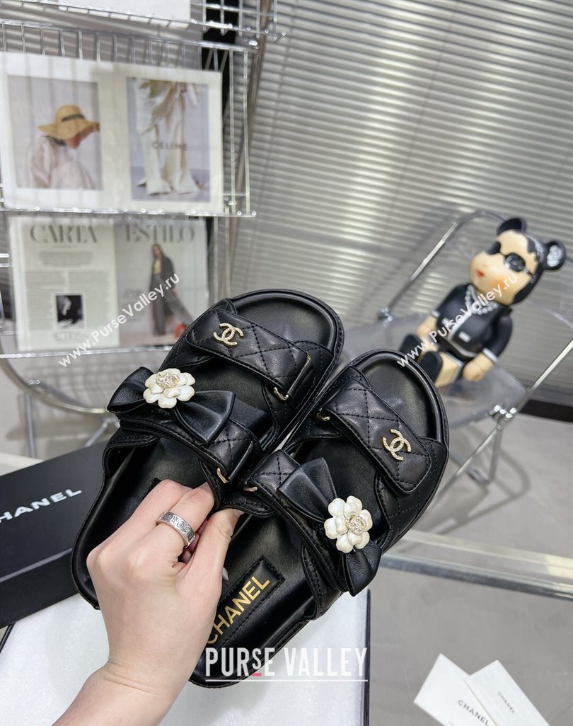 Chanel Calfskin Strap Flat Slide Sandals with Bow and Pearls Black 2024 (MD-240425046)