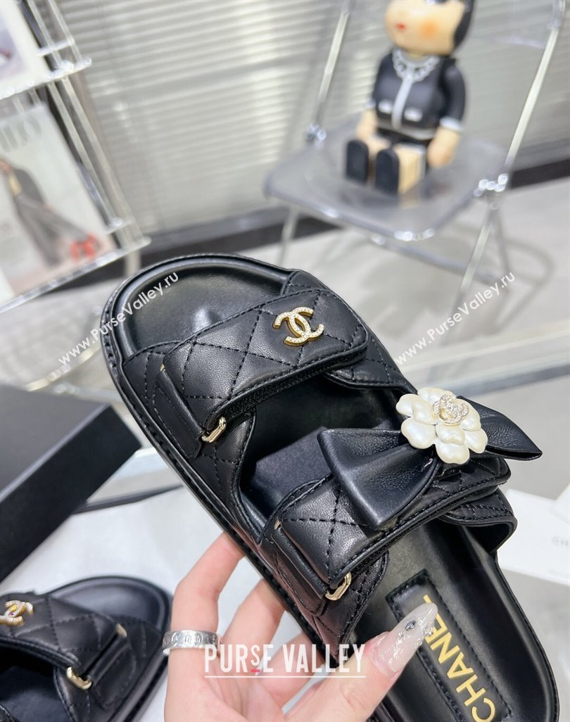 Chanel Calfskin Strap Flat Slide Sandals with Bow and Pearls Black 2024 (MD-240425046)