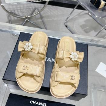 Chanel Calfskin Strap Flat Slide Sandals with Bow and Pearls Beige 2024 (MD-240425047)