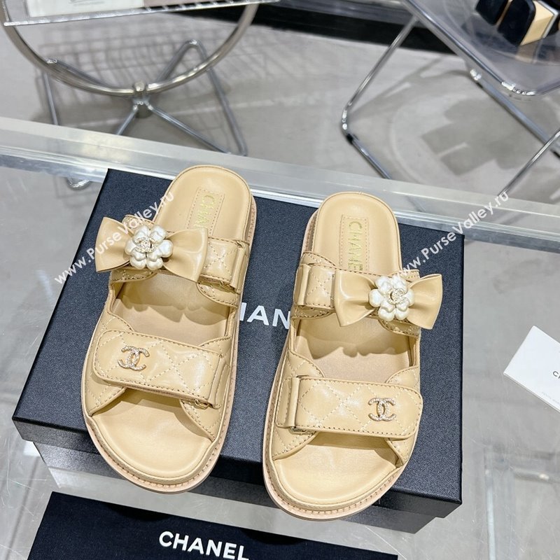 Chanel Calfskin Strap Flat Slide Sandals with Bow and Pearls Beige 2024 (MD-240425047)