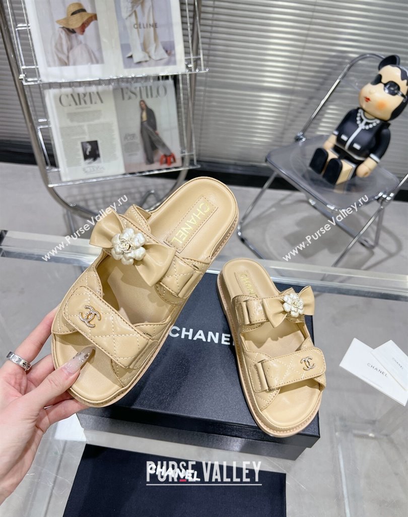 Chanel Calfskin Strap Flat Slide Sandals with Bow and Pearls Beige 2024 (MD-240425047)