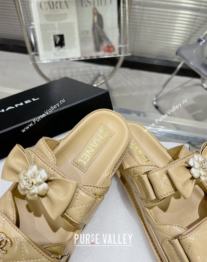 Chanel Calfskin Strap Flat Slide Sandals with Bow and Pearls Beige 2024 (MD-240425047)