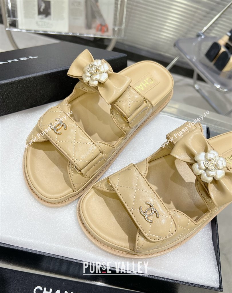 Chanel Calfskin Strap Flat Slide Sandals with Bow and Pearls Beige 2024 (MD-240425047)