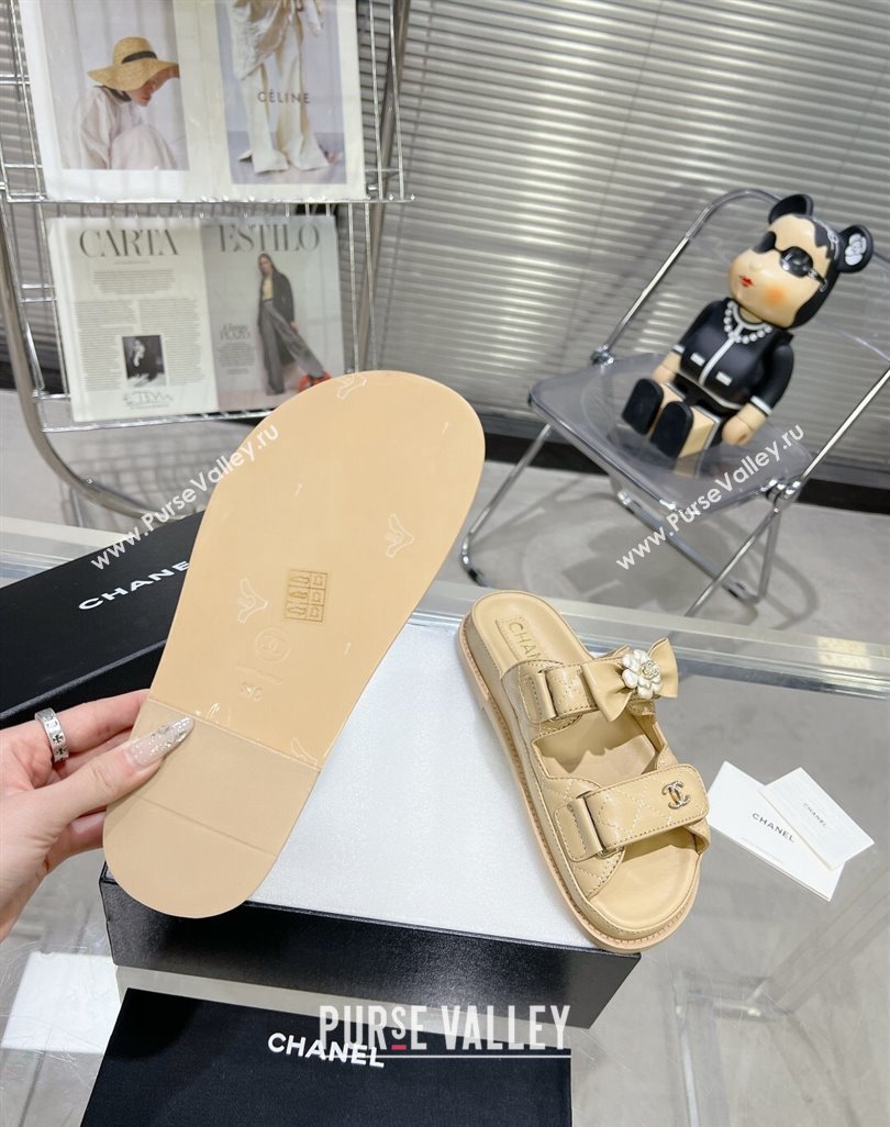 Chanel Calfskin Strap Flat Slide Sandals with Bow and Pearls Beige 2024 (MD-240425047)