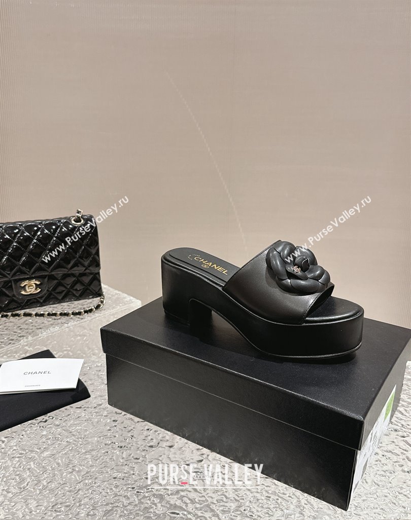 Chanel Camellia Bloom Lambskin Wedge Platform Slide Sandals 6.5cm Black 2024 0424 (MD-240424187)