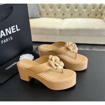 Chanel Lambskin Camellia Wedge Thong Slide Sandals Beige 2024 0425 (SS-240425077)