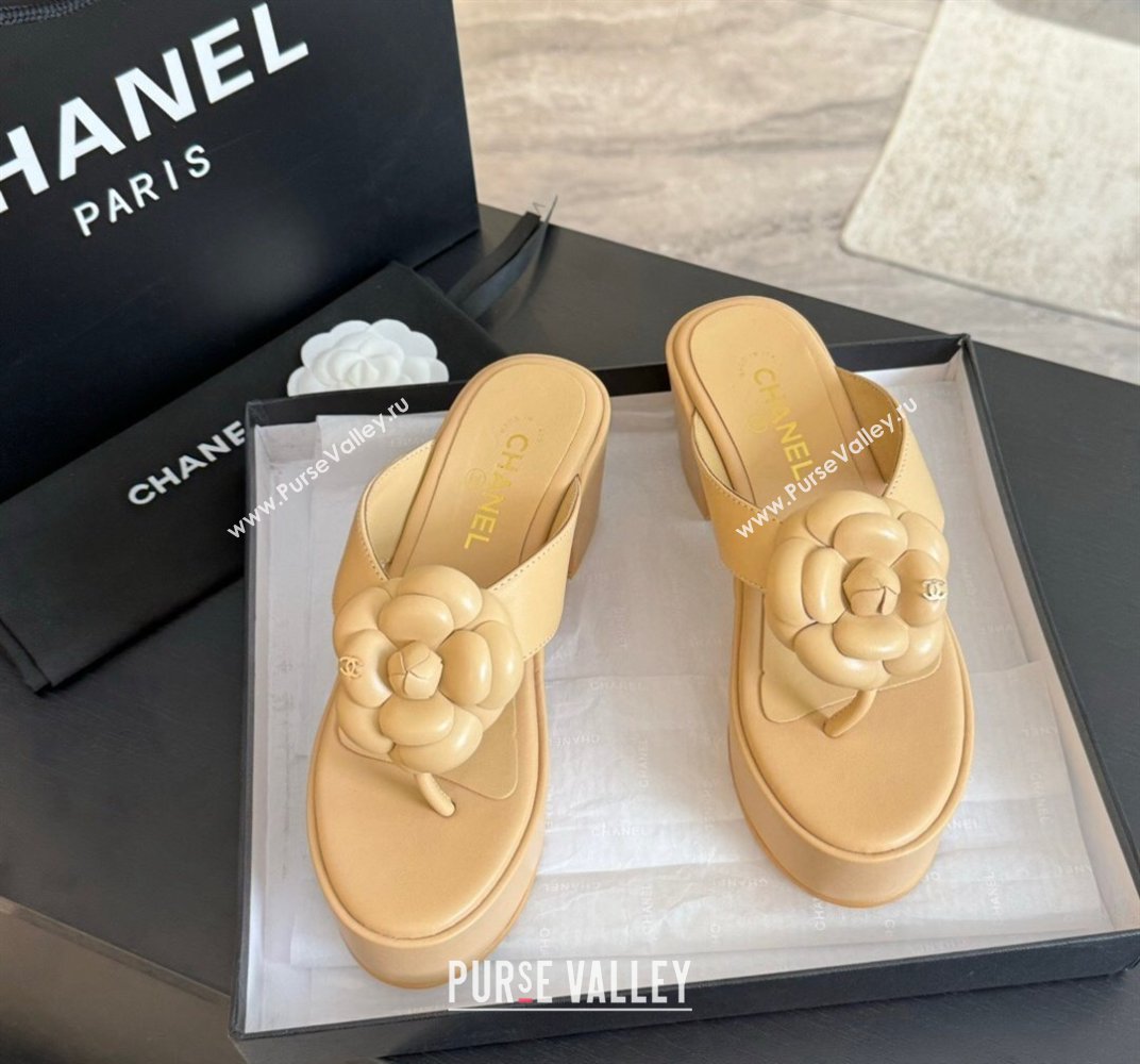 Chanel Lambskin Camellia Wedge Thong Slide Sandals Beige 2024 0425 (SS-240425077)