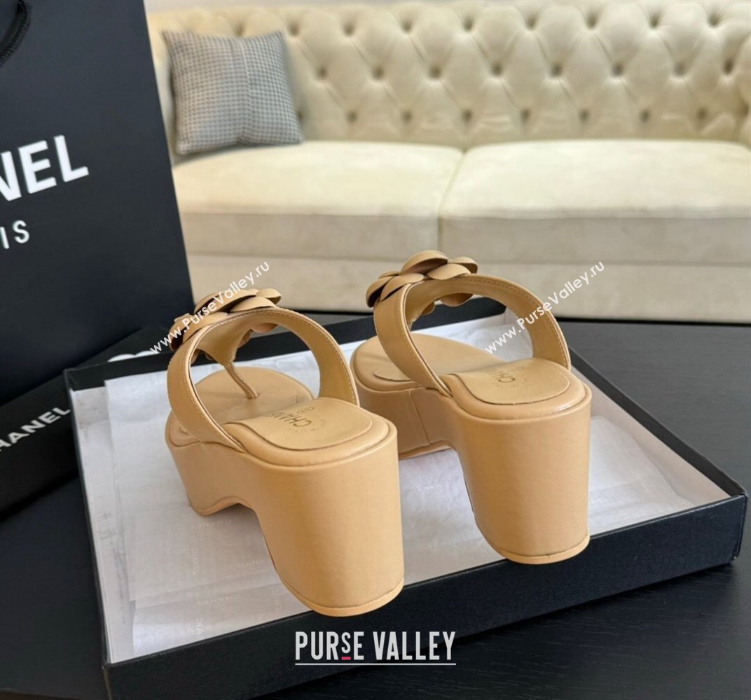 Chanel Lambskin Camellia Wedge Thong Slide Sandals Beige 2024 0425 (SS-240425077)