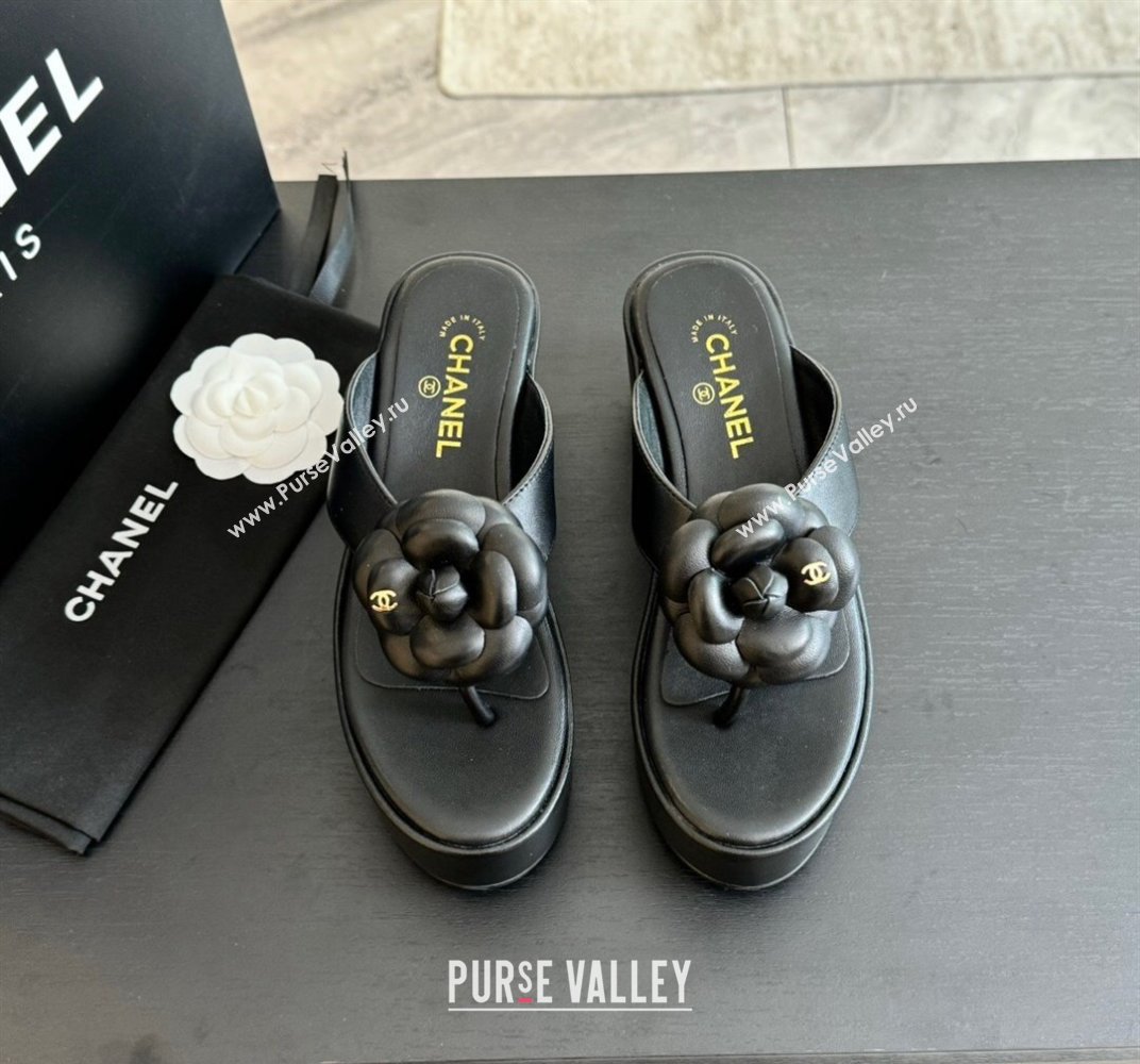 Chanel Lambskin Camellia Wedge Thong Slide Sandals Black 2024 0425 (SS-240425078)