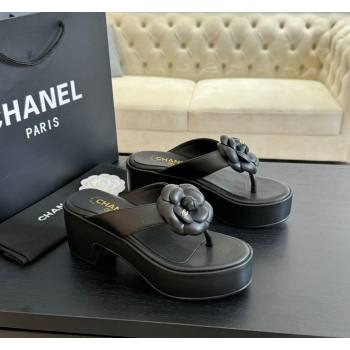 Chanel Lambskin Camellia Wedge Thong Slide Sandals Black 2024 0425 (SS-240425078)