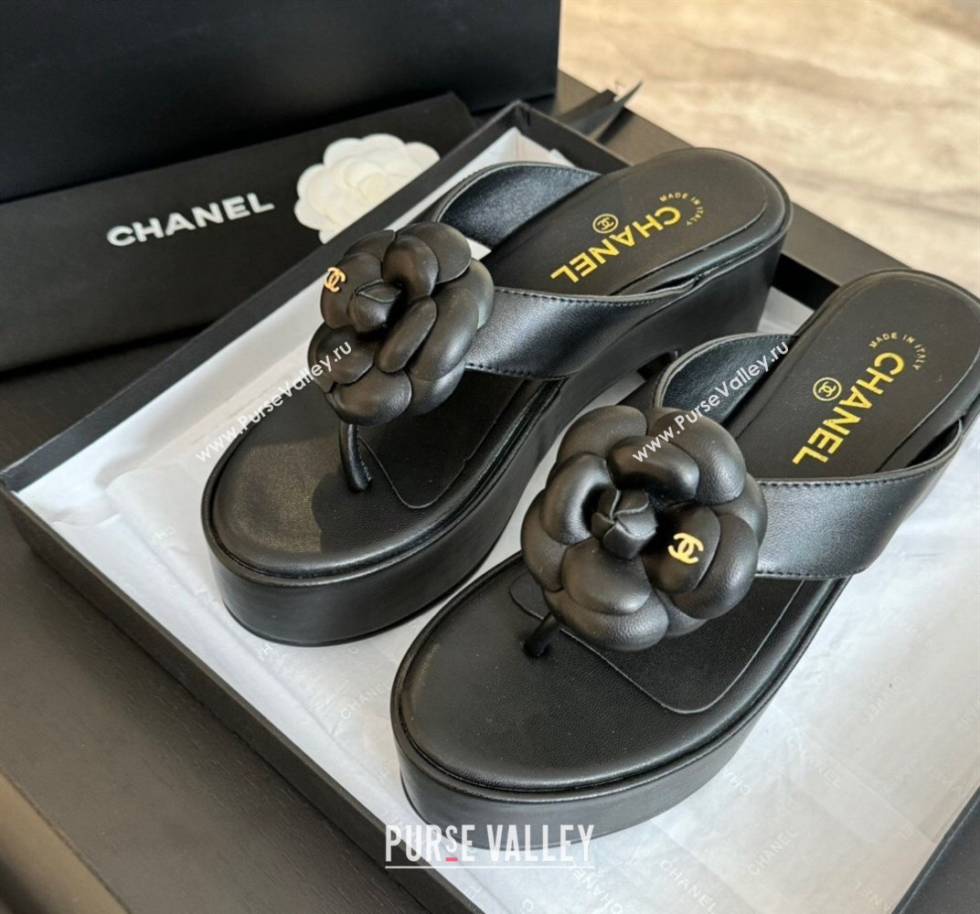 Chanel Lambskin Camellia Wedge Thong Slide Sandals Black 2024 0425 (SS-240425078)