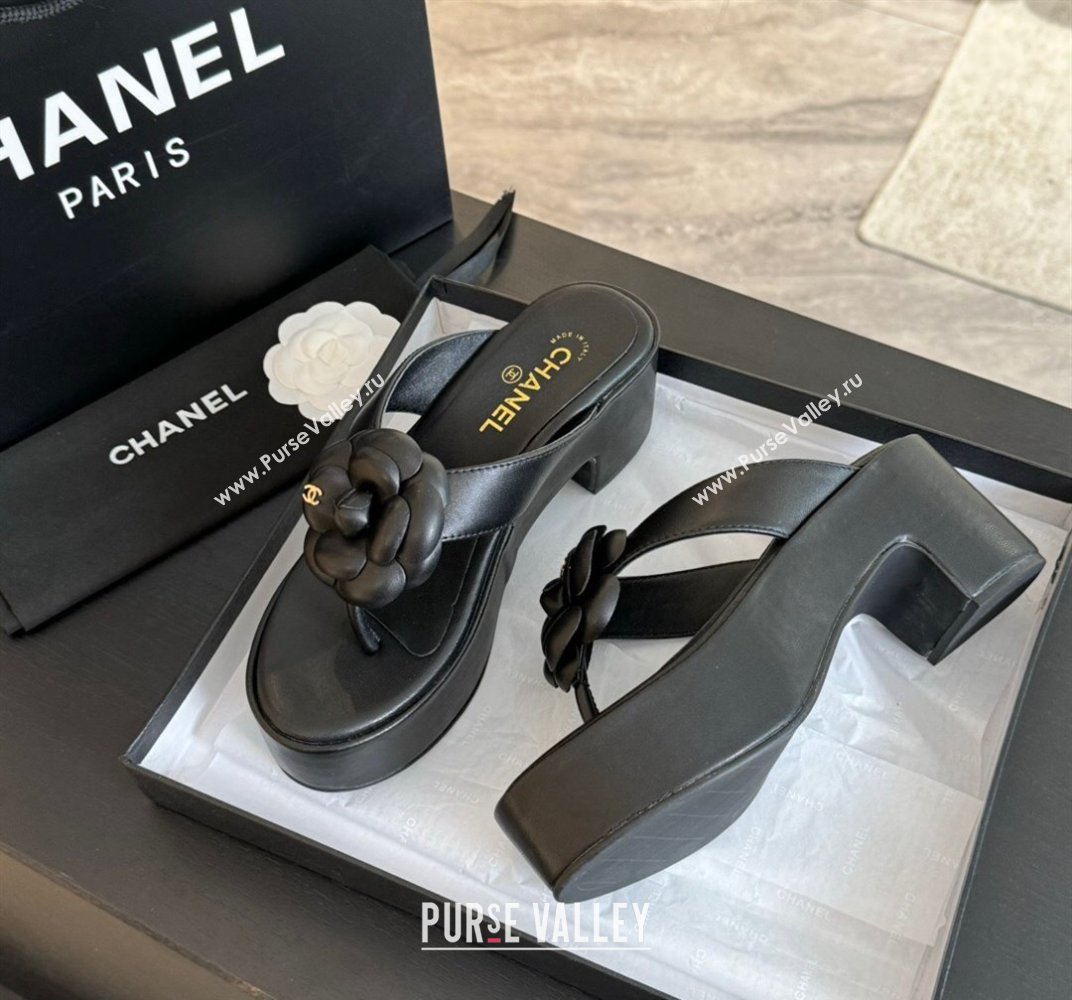 Chanel Lambskin Camellia Wedge Thong Slide Sandals Black 2024 0425 (SS-240425078)