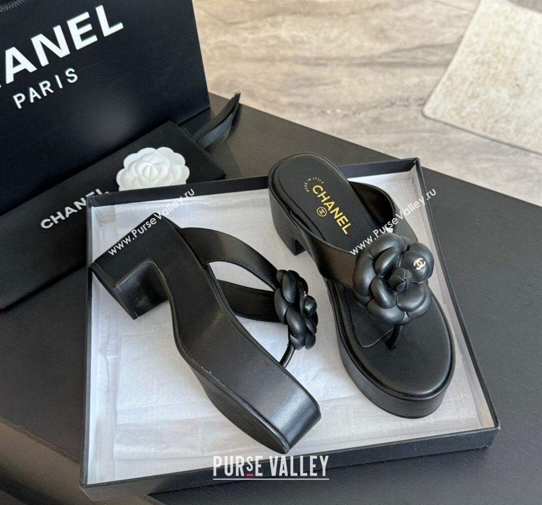 Chanel Lambskin Camellia Wedge Thong Slide Sandals Black 2024 0425 (SS-240425078)