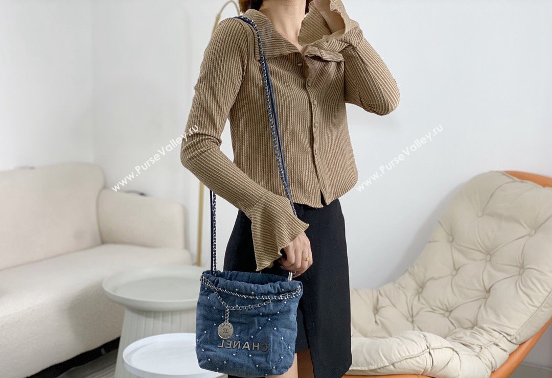 Chanel 22 Pearls Quilted Denim Mini Shopping Bag AS3980 Blue 2024 0517 (SM-240517029)