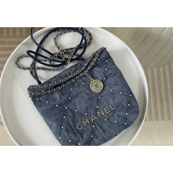 Chanel 22 Pearls Quilted Denim Mini Shopping Bag AS3980 Blue 2024 0517 (SM-240517029)