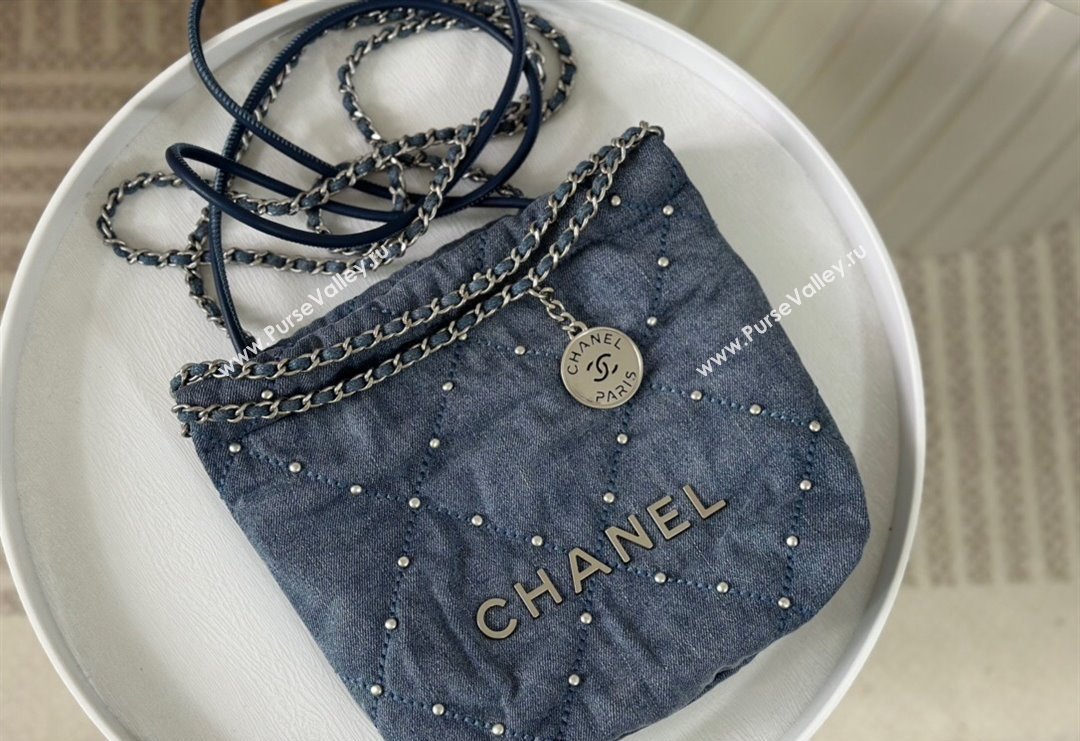 Chanel 22 Pearls Quilted Denim Mini Shopping Bag AS3980 Blue 2024 0517 (SM-240517029)