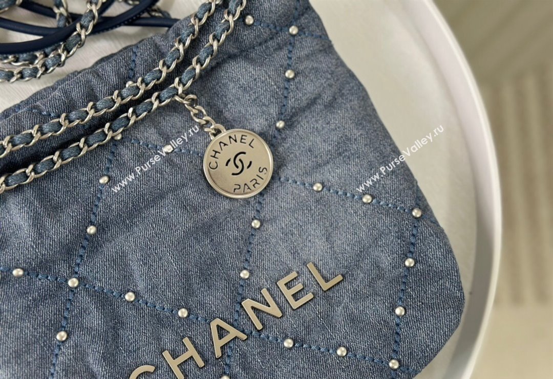 Chanel 22 Pearls Quilted Denim Mini Shopping Bag AS3980 Blue 2024 0517 (SM-240517029)