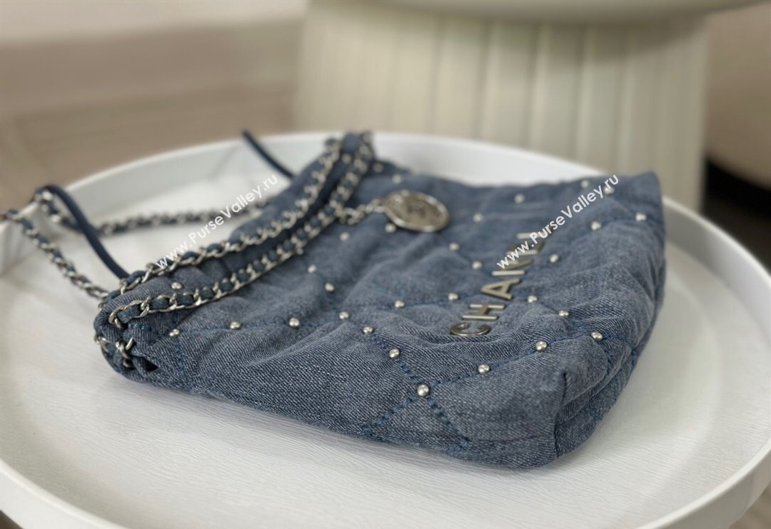 Chanel 22 Pearls Quilted Denim Mini Shopping Bag AS3980 Blue 2024 0517 (SM-240517029)