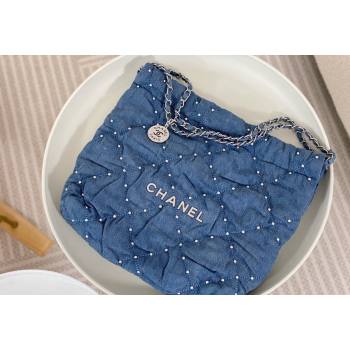 Chanel 22 Pearls Quilted Denim Mini Shopping Bag AS3260 Blue 2024 0517 (SM-240517030)