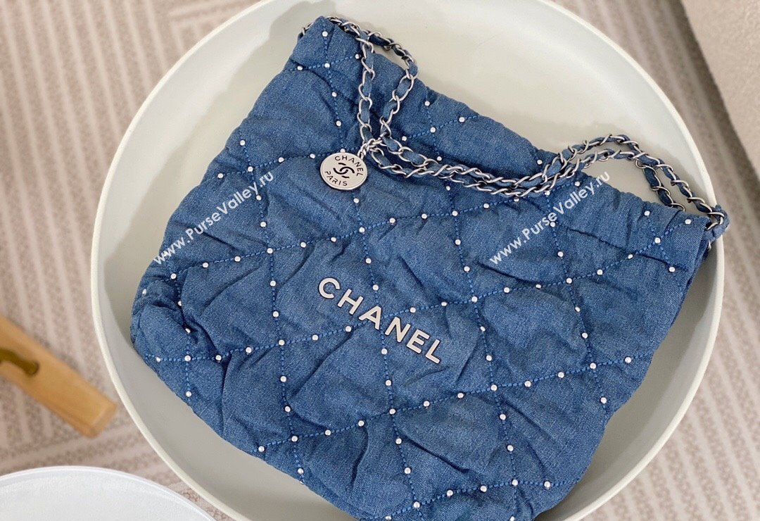 Chanel 22 Pearls Quilted Denim Mini Shopping Bag AS3260 Blue 2024 0517 (SM-240517030)