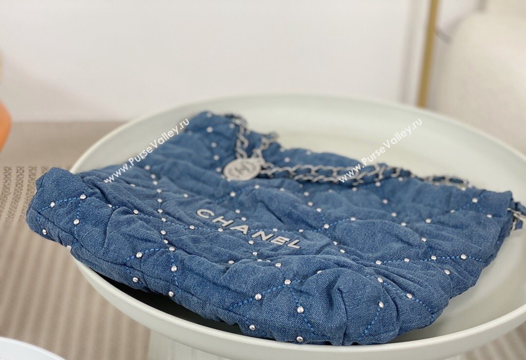Chanel 22 Pearls Quilted Denim Mini Shopping Bag AS3260 Blue 2024 0517 (SM-240517030)