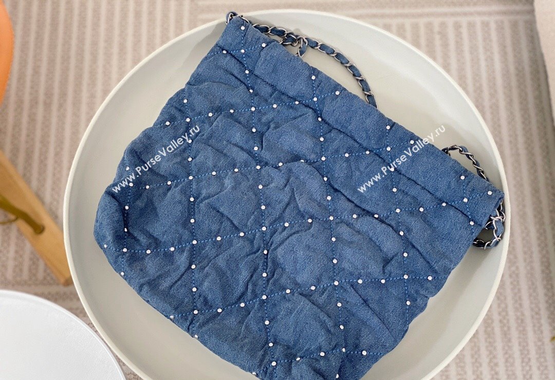 Chanel 22 Pearls Quilted Denim Mini Shopping Bag AS3260 Blue 2024 0517 (SM-240517030)