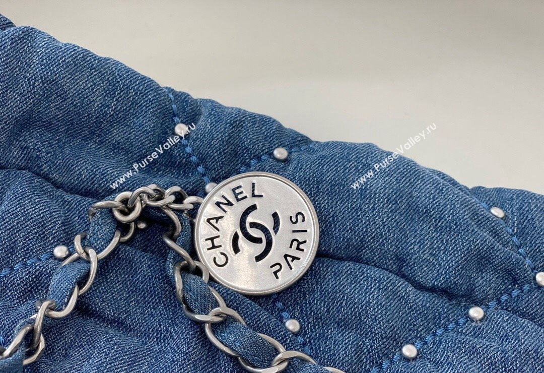 Chanel 22 Pearls Quilted Denim Mini Shopping Bag AS3260 Blue 2024 0517 (SM-240517030)