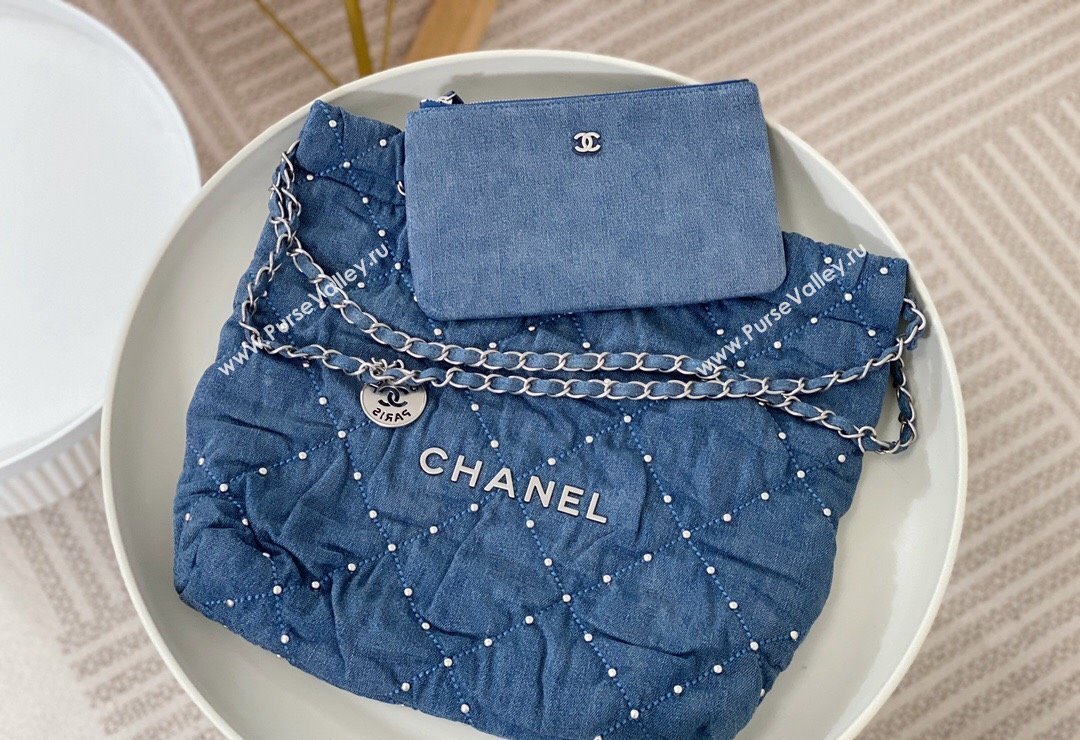 Chanel 22 Pearls Quilted Denim Mini Shopping Bag AS3260 Blue 2024 0517 (SM-240517030)