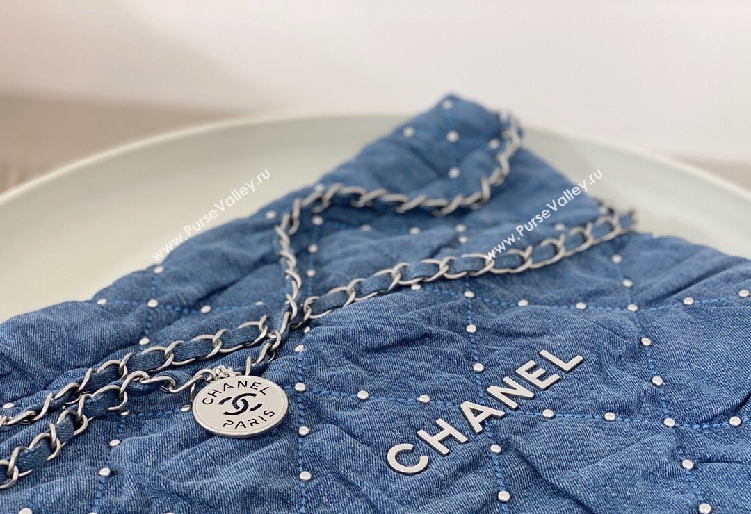 Chanel 22 Pearls Quilted Denim Mini Shopping Bag AS3260 Blue 2024 0517 (SM-240517030)