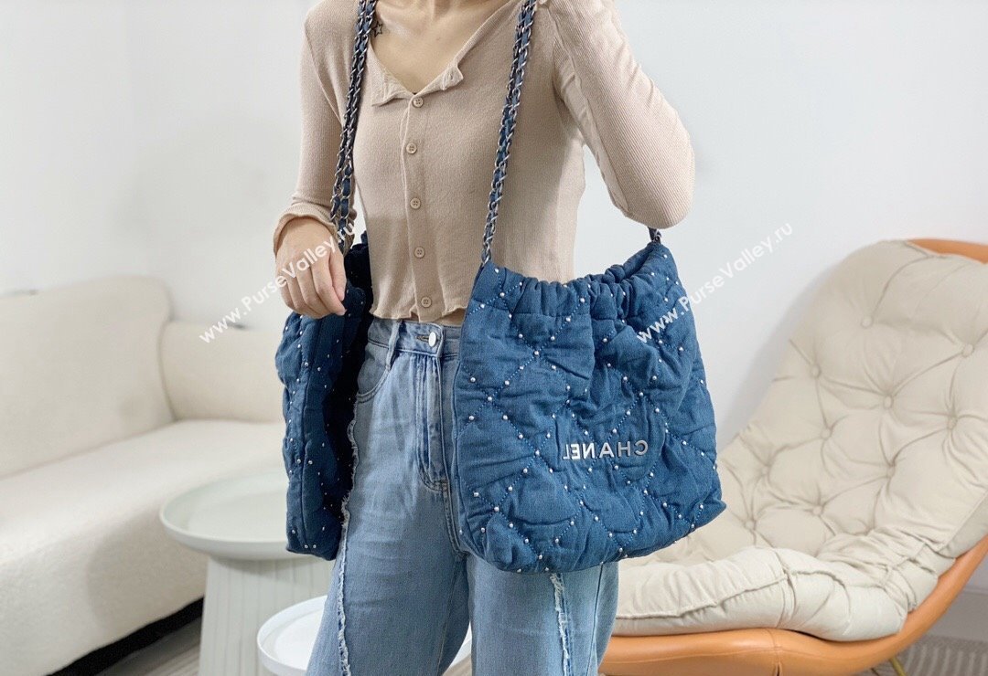 Chanel 22 Pearls Quilted Denim Mini Shopping Bag AS3260 Blue 2024 0517 (SM-240517030)