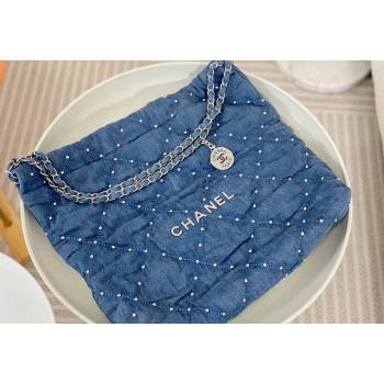 Chanel 22 Pearls Quilted Denim Shopping Bag AS3261 Blue 2024 0517 (SM-240517031)
