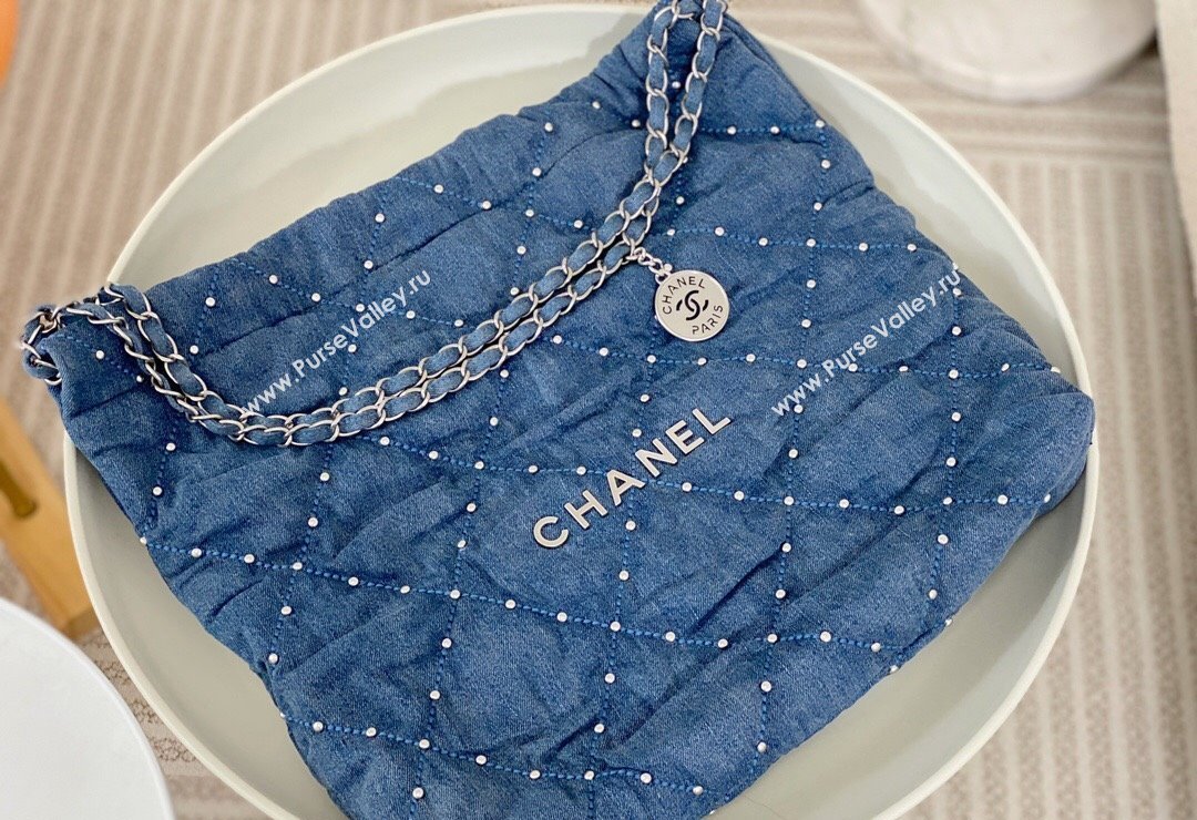 Chanel 22 Pearls Quilted Denim Shopping Bag AS3261 Blue 2024 0517 (SM-240517031)