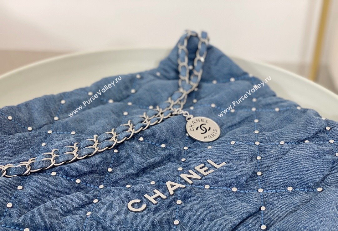 Chanel 22 Pearls Quilted Denim Shopping Bag AS3261 Blue 2024 0517 (SM-240517031)